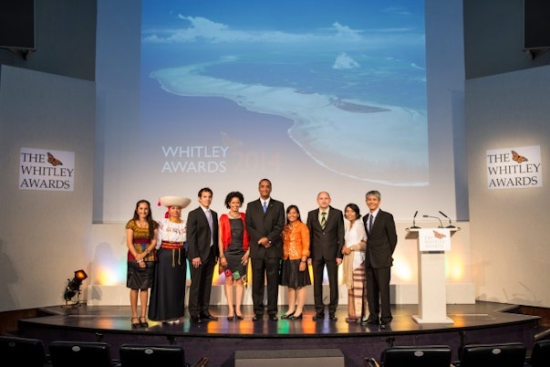 The 2014 Whitley Award winners, left to right, are; Shivani Bhalla (Kenya), Monica Gonzalez (Ecuador), Luis Torres (Cuba), Paula Kahumbu (Kenya), Jean Wiener (Haiti), Tess Gatan Balbas (Philippines), Stoycho Stoychev (Bulgaria), Fitry Pakiding (Indonesia), Melvin Gumal (Malaysia)
