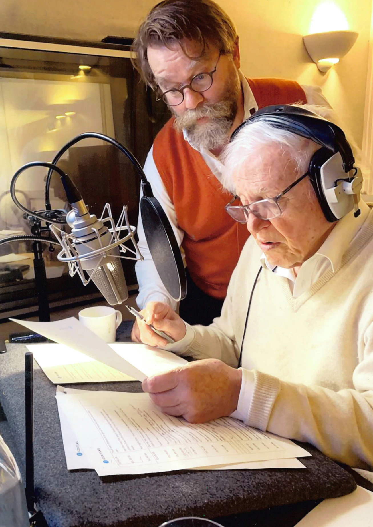 Harry Marshall from Icon Films recording the voiceover with Sir David Attenborough