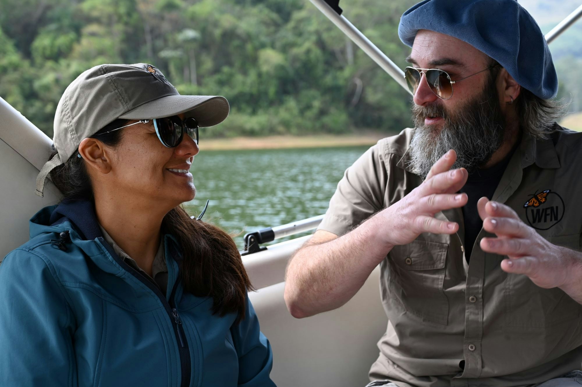 2019 Whitley Award winner José Sarasola engages conversation with 2023 Whitley Award winner Yuliana Bedolla on a boat ride to IPE's restoration site.