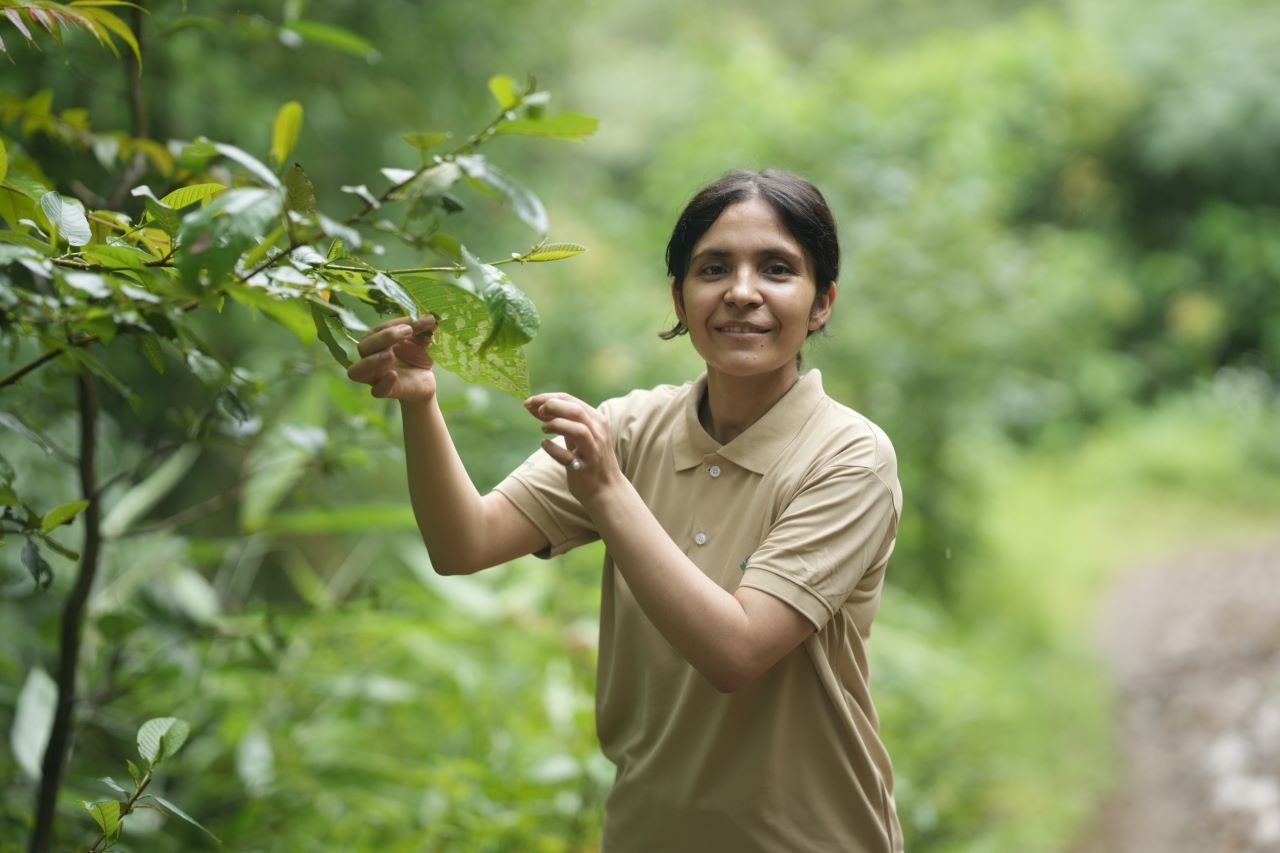 Portrait of Reshu Bashyal amongst forest in Nepal.