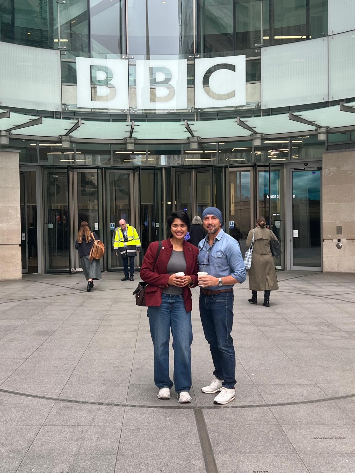 Portrait of Fernando Trujillo and Farwiza Farwan outside BBC in London, ahead of the People for Planet Summit.